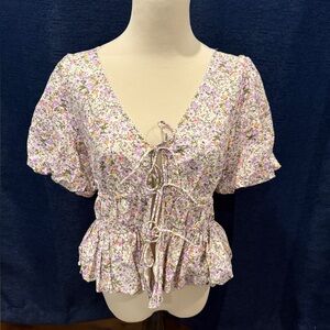 Astr Floral Lace-Up Peplum Blouse